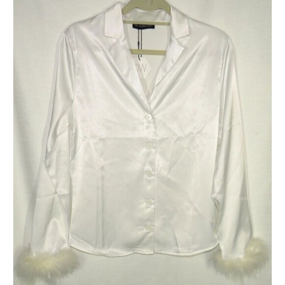 OW Intimates Revolve White Satin Ostrich Feather Trimmed Pajama Top Size 4-XS - Picture 8 of 14